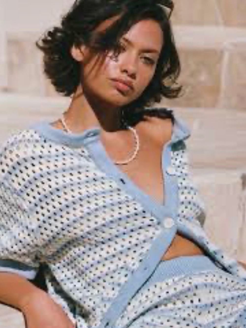 Sabo Chantel Knit Top Sz M-XL Blue White Green Open Knit Button Down NWOT